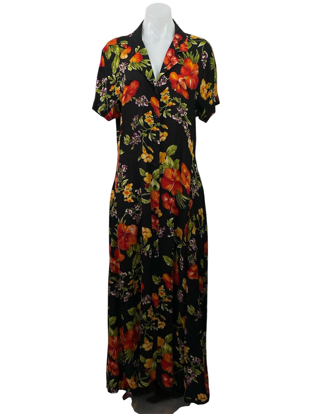 Jones New York Black 100% Silk Floral V Neck Button Up Maxi Shirt Dress Size 12